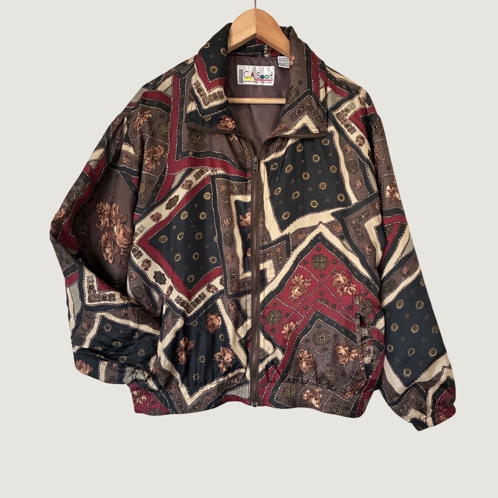 C.A. Sport Vintage Silk Bomber Jacket Womens Small Boho Scarf Print Full Zip